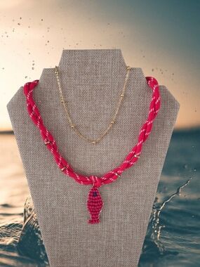 Handcrafted Red Braided Rope Necklace with Beaded Fish Pendant